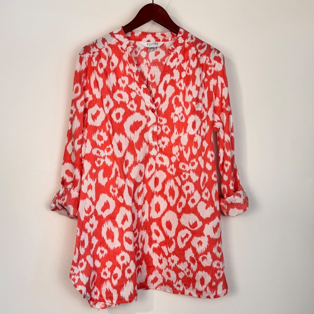 Allison Taylor Tunic Women XL Orange Tab Sleeve 100% Linen Animal‎ Print Blouse